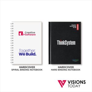 Two hardcover spiral-bound notebooks on a white background: left white cover with Creative Software and 'Together, We Build' logos; right black ThinkSystem notebook; Visions Today logo bottom right.