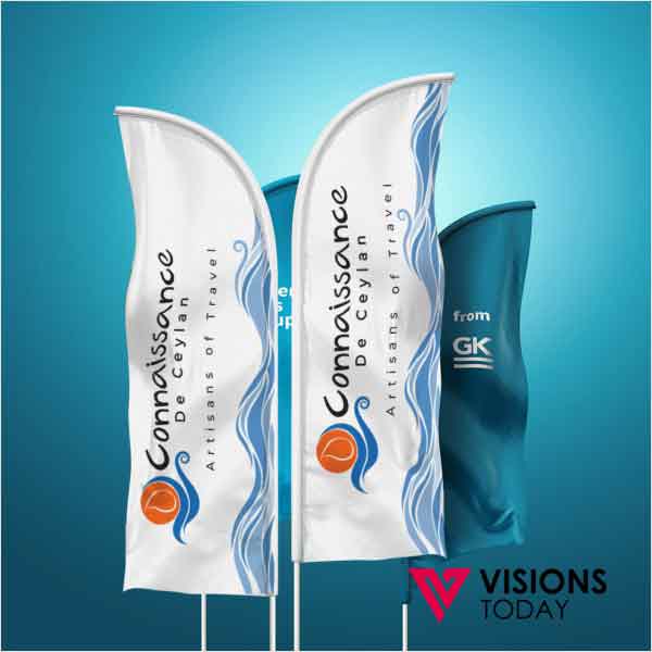 Visions Today offers feather flags printing in Colombo, Sri Lanka. We manufacture feather flags with many printing options including roller sublimation and screen printing. Some special flags comes with double side printing and also one side printing. Contact us for any kind of feather flags printing requirement