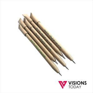Four wooden drafting pencils arranged diagonally with green text along their bodies, and a Visions Today logo in the bottom-right corner.
